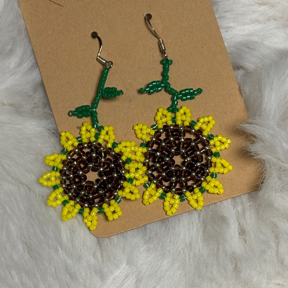 Beaded Sunflower Dangle Earrings - Yellow & Brown